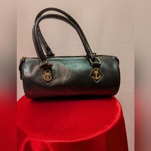 Black Leather Barrel Satchel Handbag with Gold Anchor Accents